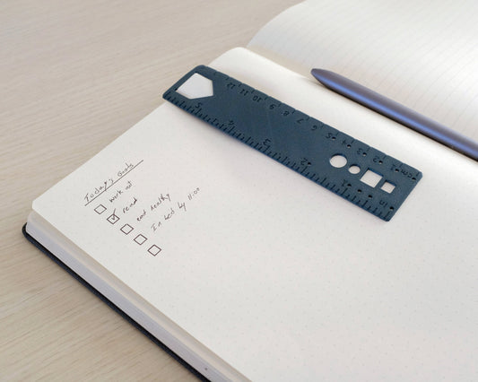 Bookmark Ruler With Stencil & Compass - Flexible Tool for Bullet Journaling, Sketching, Designing